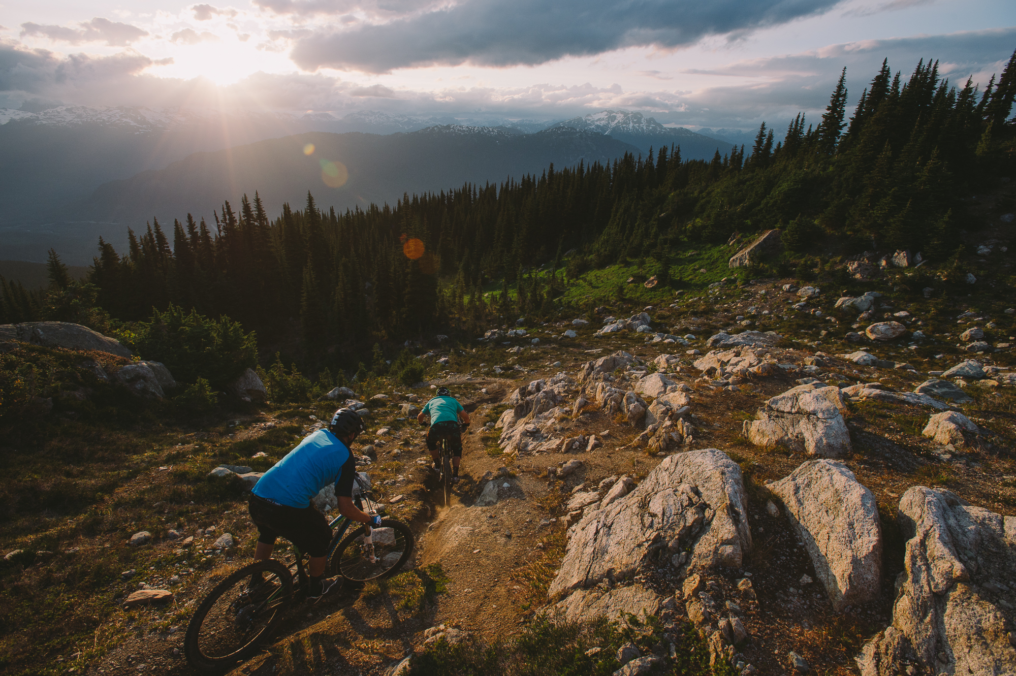 Adreas Hestler and Wade Simmons drop into Whistler’s iconic Khyber Pass trail.